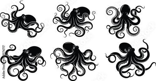 Set of black and white octopus silhouette vector illustrations featuring curling tentacles and suckers isolated on white background for design.