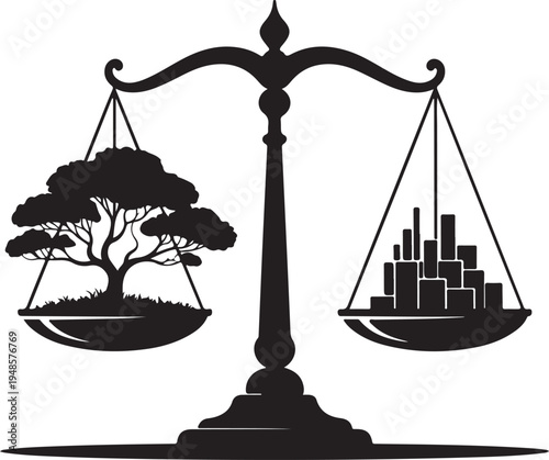 Ecological balance scale comparing nature tree with urban city skyline