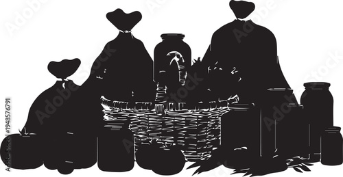 Variety of harvested farm produce in sacks, jars, and woven basket