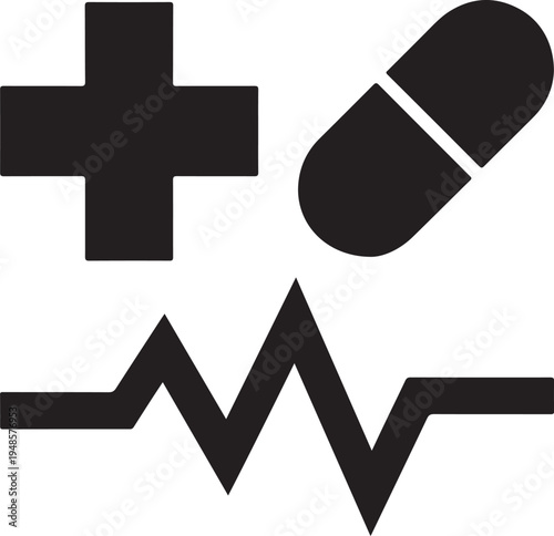 Medical symbols cross pill electrocardiogram heart rhythm care sign