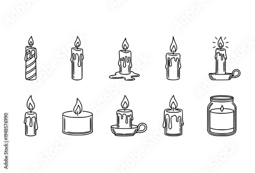 Candlelight line art icon set hand drawn candle flame outline vector collection isolated on white