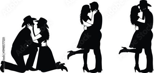 Set of black cowboy couple silhouettes featuring romantic proposal and kissing poses isolated on white background for western wedding design.