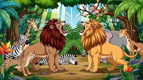 Lions Fighting in Jungle with Wild Animals.