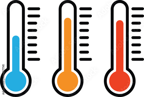 Three colorful thermometers displaying temperature levels