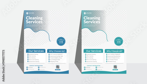 Professional Home Cleaning Service Promotional Flyer Template with Blue Theme, Smiling Housekeeping Team, Residential Maintenance Advertisement Layout and Modern Janitorial Business Marketing Design.