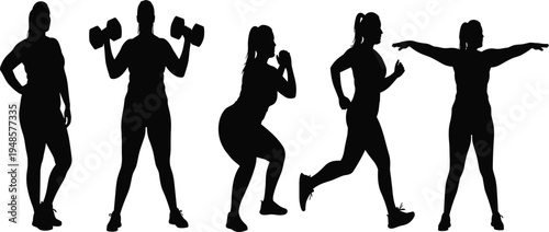 Set of black female fitness silhouettes featuring various exercise poses including running weightlifting and squats isolated on white background vector.