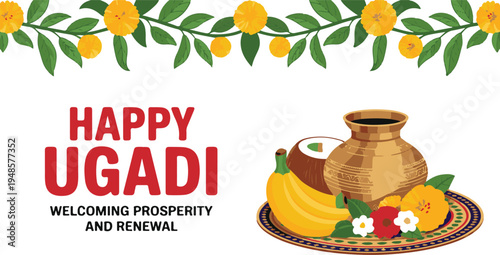 Ugadi festival banner with golden pot and prosperity offerings layout