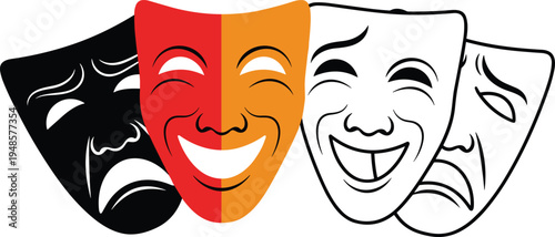 Vector silhouette of comedy and tragedy masks in colorful silhouette