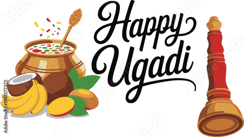 Happy ugadi calligraphy greeting with traditional pot and mango fruit