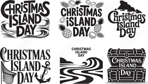 Christmas island day celebration with waves and anchor, fishing net, treasure chest