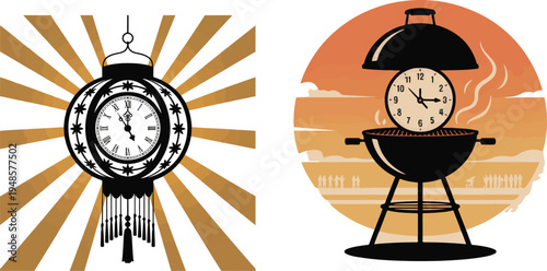 Time lantern clock grilling barbecue clock people sunset background