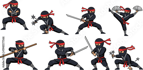Cartoon ninja character set performing martial arts poses with sword, shuriken, staff and fan, Japanese warrior fighter collection vector illustration isolated on light background