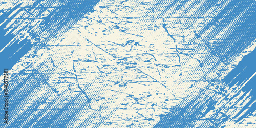 Grunge grainy blue brush stroke with spray texture. Hand drawn distress damaged vintage banner with zigzag bold line. Rough thick brush stroke texture. Spray paint effect vector background.