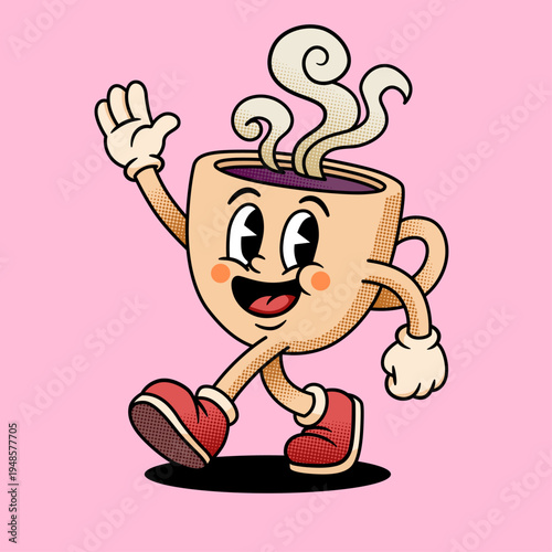Retro 1930s Rubber Hose Coffee Cup Mascot Illustration for Cafe Branding and Morning Energy