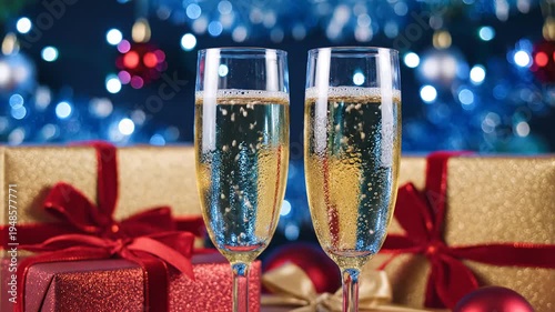 Champagne Glasses and Gifts Celebrate Holiday Season.