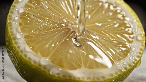 Close up of fresh lemon slice with water droplets and liquid pouring.