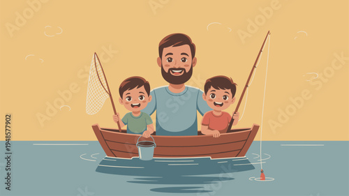Father sons fishing, boat recreation, family trip