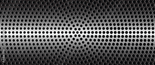 Perforated metal plate. Metal grill. Metal texture steel background. Perforated sheet metal. 3d shape titanium sheet. Circle mesh pattern background. Industrial texture. Steel speaker. Vector EPS10.
