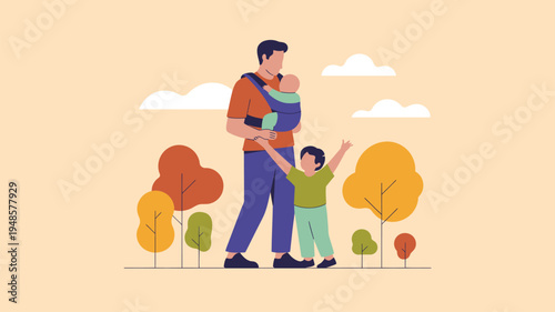 Father two children walking park