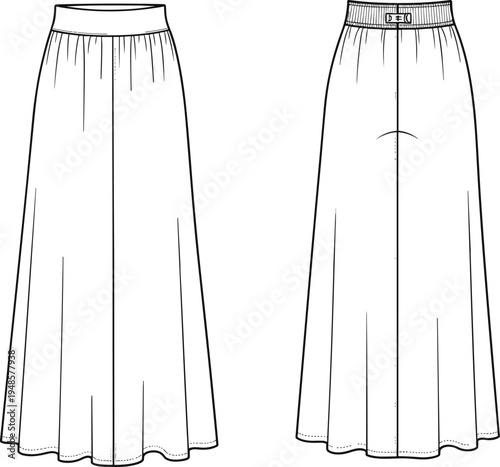 Long skirt fashion technical drawing with front and back view, elegant maxi skirt apparel template, clothing design outline vector illustration isolated on light background