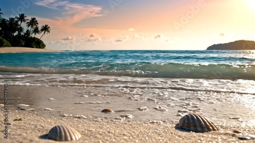Serene Tropical Beach Sunrise with Gentle Waves and Palm Trees.