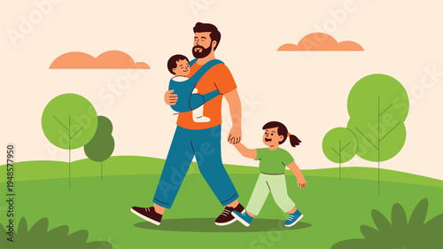 Father walking with daughter and baby in park