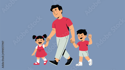 Father walking with children family happiness illustration