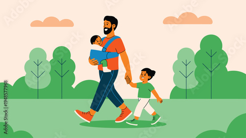 Father walking with son and baby in park