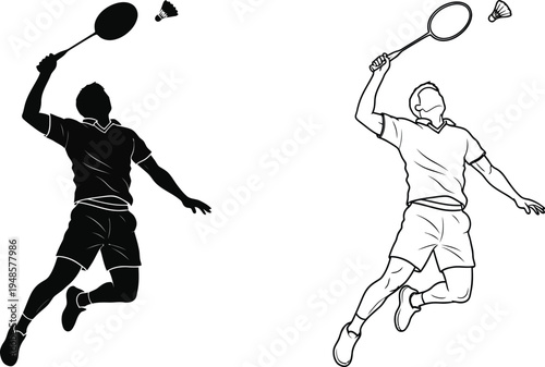Badminton Player Silhouette and Line Art Icon Set Vector