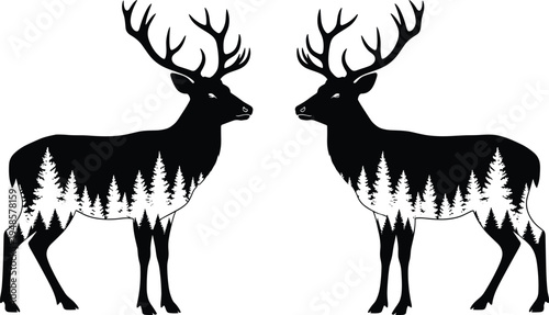 Symmetrical black raven silhouettes with spread wings facing each other, detailed feather crow vector illustration isolated on light background, gothic wildlife emblem design conceptSy