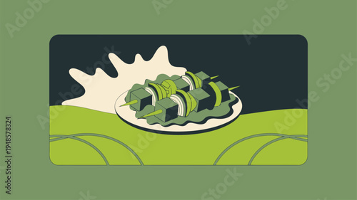 Food skewers grilled vegetables plate sauce illustration