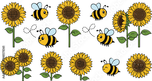 Cute Sunflower and Bumblebee Cartoon Illustration Set with Happy Bees Flying Around Yellow Flowers Isolated on White Background Vector Collection