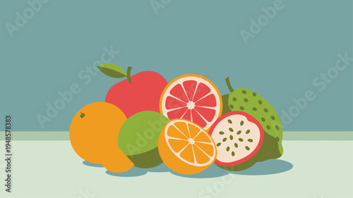 Fresh fruit pile illustration with grapefruit orange