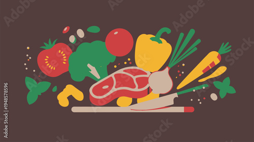 Fresh vegetables and meat for cooking dinner preparation