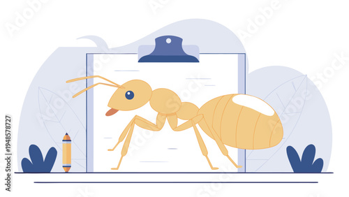 A light tan colored ant stands in profile across a white clipboard with a small pencil on the side in a clean illustration style.