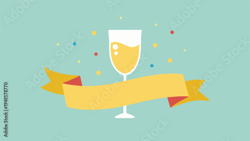 A single champagne glass with bubbling yellow liquid is positioned behind a flowing yellow and red banner on a mint green background with confetti.