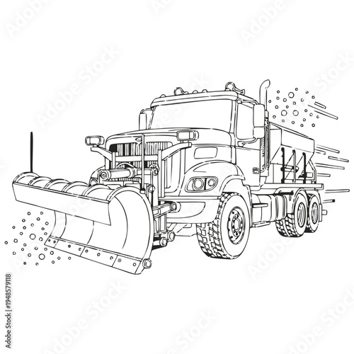 Snow Plow Truck Actively Clearing a Snowy Road with a Front Blade and Rear Salt Spreader Illustration