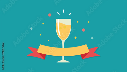 An elegant champagne glass with a curled yellow and red ribbon banner stands against a dark teal background with shimmering stars and colorful dots.