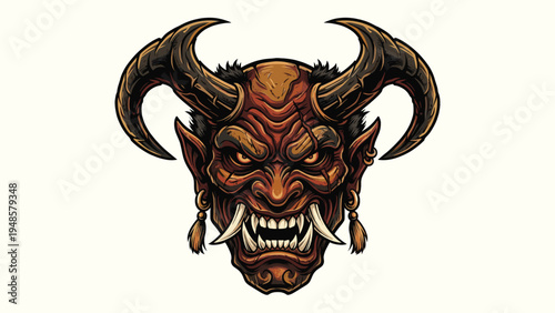 Fierce Horned Japanese Oni Mask With Sharp Tusks