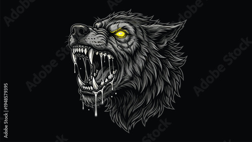 Ferocious Werewolf Head With Glowing Eyes and Saliva