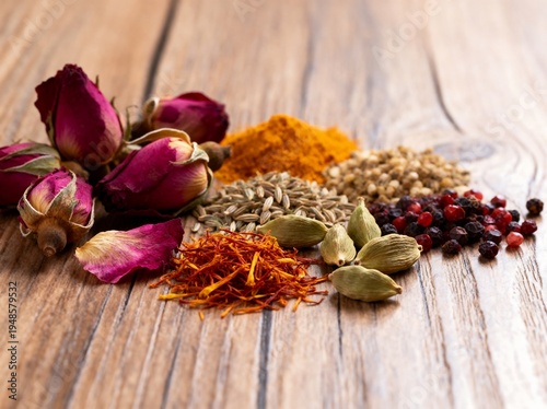 Assortment of Dried Spices and Rose Buds on Wooden Background
