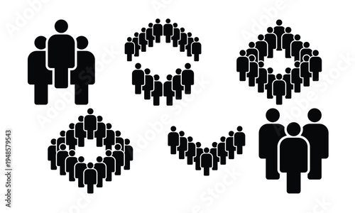 Stick Figure Groups in Circle Oval Diamond Wave Chevron Shapes Silhouettes