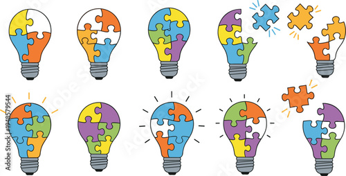 Set of creative light bulb vectors composed of colorful jigsaw puzzle pieces representing problem solving innovation and strategic thinking concepts isolated on white background.