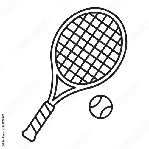 A black line drawing of a tennis racket and ball Vector