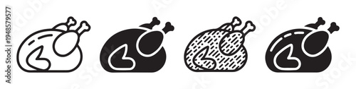 Whole roasted chicken icon set different styles outline solid hatching and color for food menu design