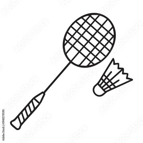 A black and white drawing of a badminton racket and shuttlecock Vector