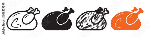 Whole roasted chicken icon set different styles outline solid hatching and color for food menu design