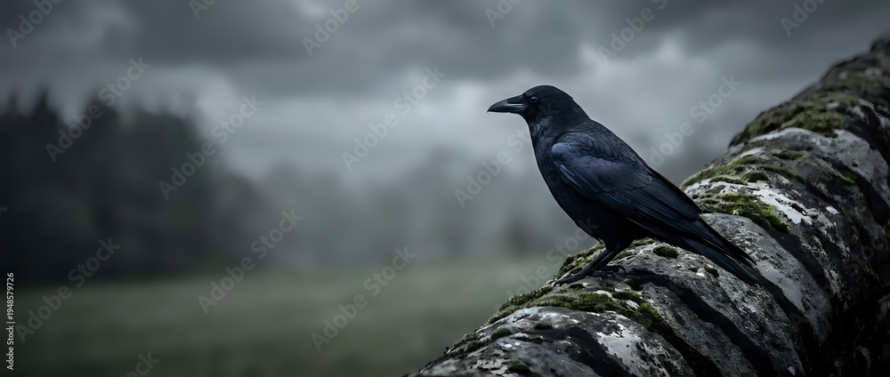Naklejka premium Black crow perched on moss-covered stone wall against dramatic stormy sky with dark clouds and misty forest landscape creating moody atmospheric scene.