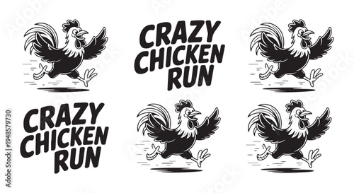 Crazy chicken run logo design, funny farm animal character running, fast rooster cartoon mascot