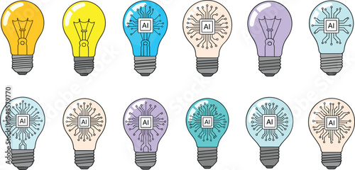 Set of creative light bulb vectors featuring artificial intelligence circuit board patterns and digital chip icons for smart technology and innovative idea concepts isolated on white background.